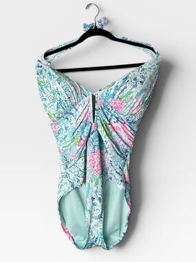 Lilly Pulitzer Zanzibar Blue Party Lanai Halter One Piece Swimsuit Size 16 (Q)